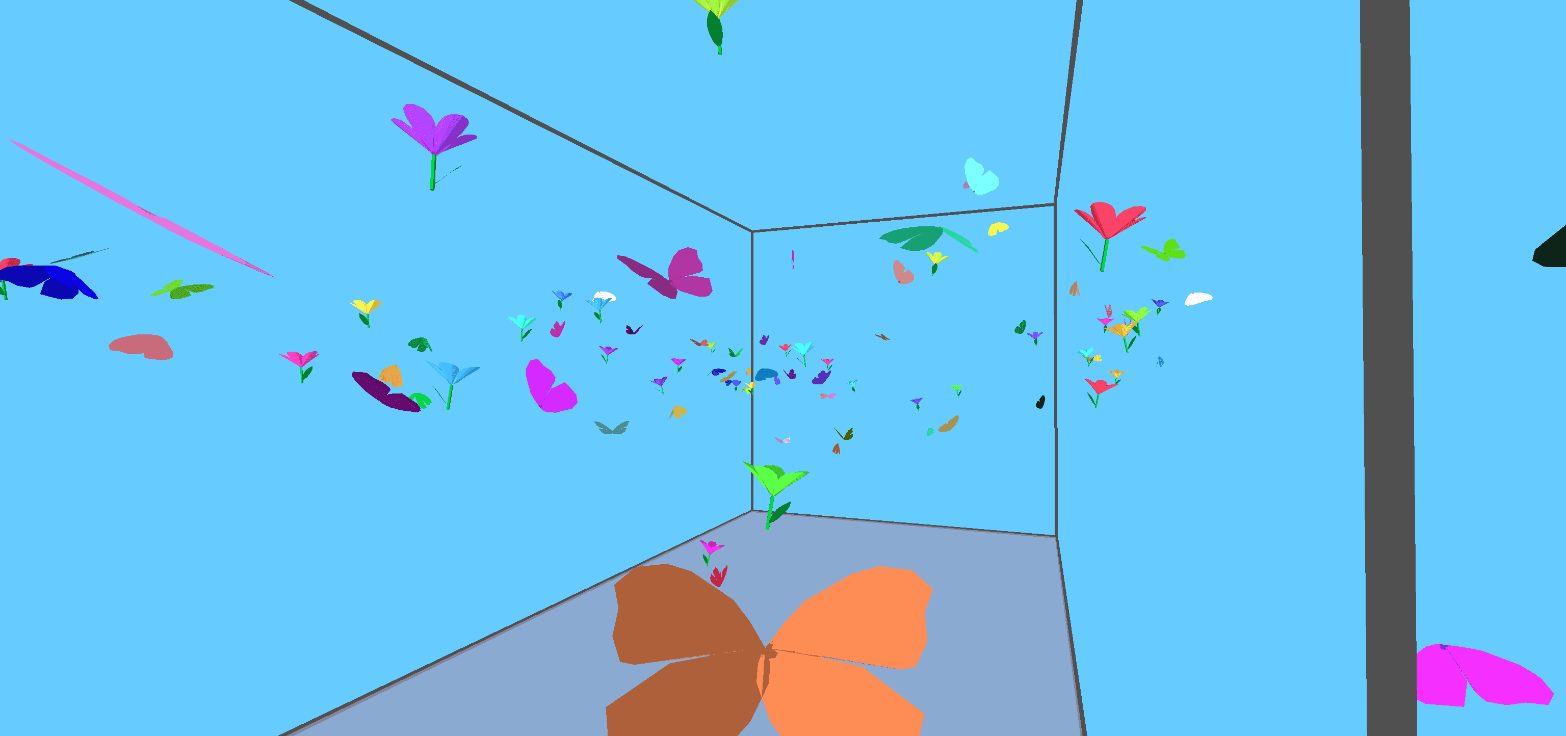 3D flocking (WEBGL): Colorful Butterflies and Flowers