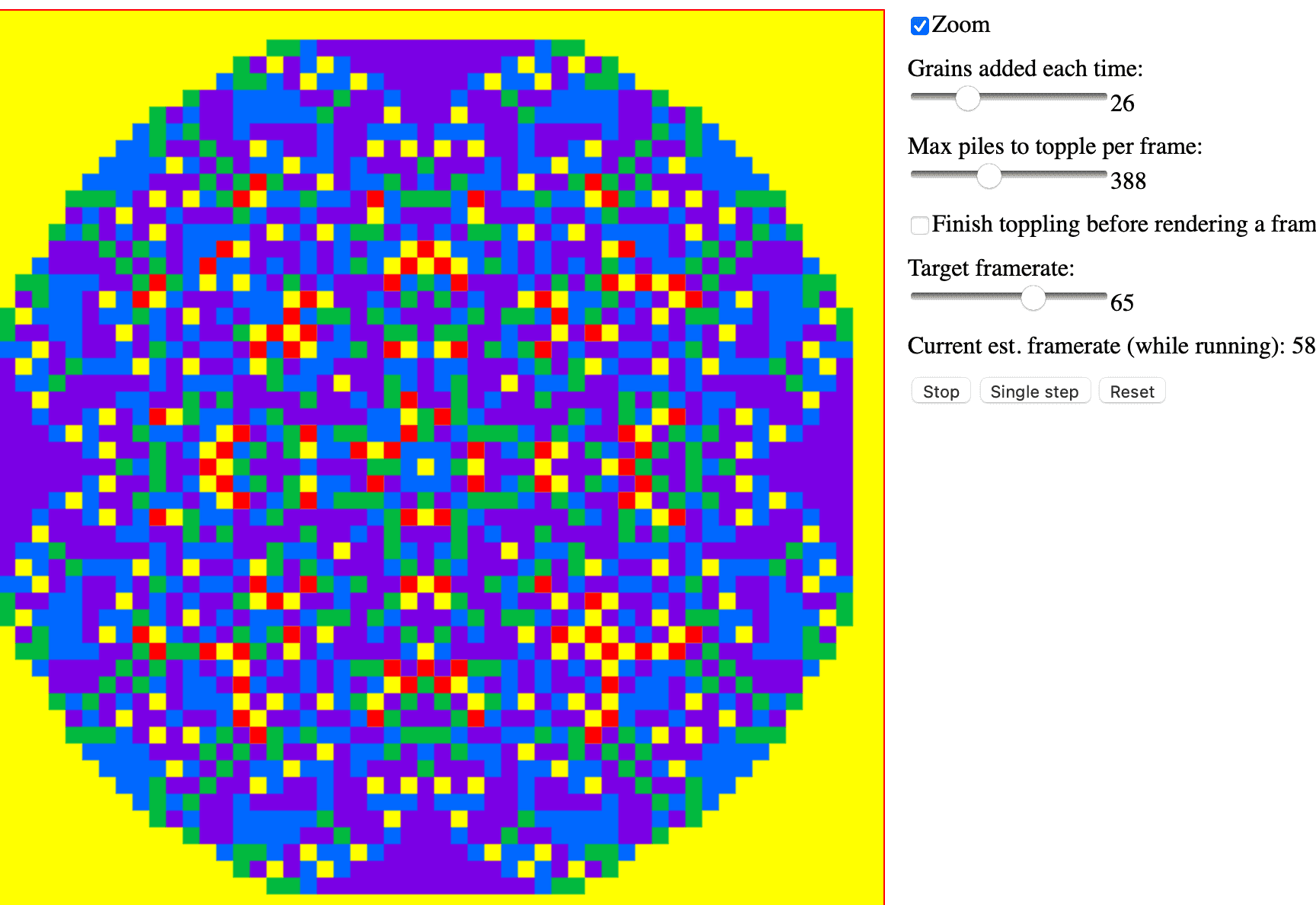 P5 Sandpiles with continuous grains and adjustable rendering